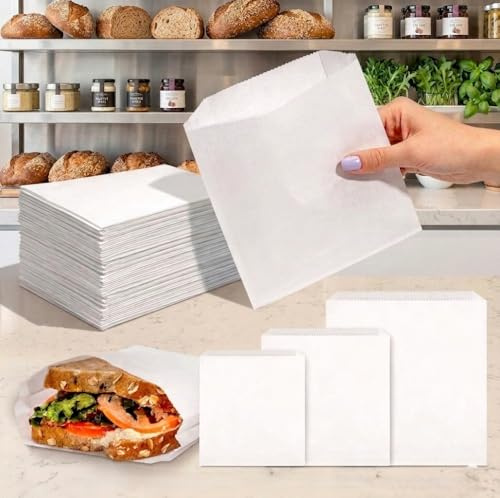 HOT BARGAINS Pack of 200 Greaseproof Paper Food Bags 10 x 10 Size White Colour 100% Grease Resistant for Sandwich & Takeaway Bags Perfect for Bakery Goods, Fried Foods (200, White, 10 x 10)
