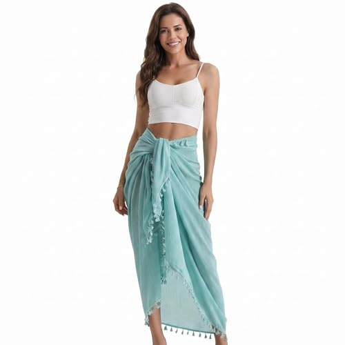 Falafoty Beach Sarong for Women Swimwear Bikini Cover Up, Tassel Wrap Sarong Pareo Long Sheer Beach Bathing Suit Summer Sexy Wrap Skirt Swim Sarong Dress Large Beach Scarf Shawl for Holiday (Green)