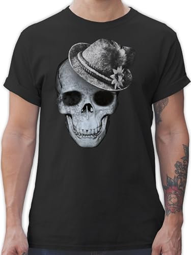 T-Shirt Herren - Kompatibel Oktoberfest - Totenkopf mit Filzhut - XXL - Schwarz - trachtenshirt bayrische Trachtenmode t Shirt Octoberfest Skull Tshirt oktoberfestkleidung Oktoberfest-t-Shirt