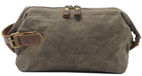 Neuleben Kulturtasche Wasserdicht Vintage Canvas Leder Damen Herren Kosmetiktasche Kulturbeutel für Reise Urlaub (Grün)