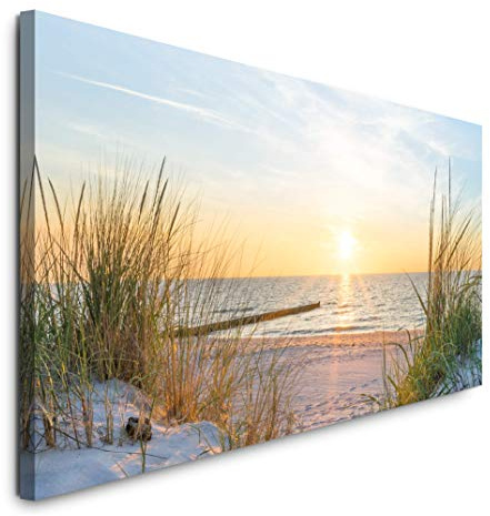 Paul Sinus Leinwandbild gerahmt 120x50cm wunderschöne Strandlandschaft an der Ostsee bei Sonnenuntergang