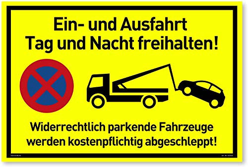 NEU Einfahrt Freihalten Schilder (30x20 cm Kunststoff) - Ausfahrt freihalten Schild - Nie Wieder zugeparkt - Auch Gegenüber - (Neongelb) - Hier Wird abgeschleppt