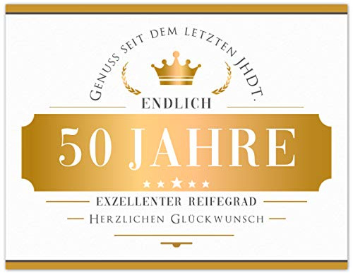 Generisch Flaschenetikett Endlich 50 Jahre, Aufkleber, Etikett selbstklebend, weiß Gold, Geschenk zum Geburtstag für Mann und Frau, witzige Dekoration