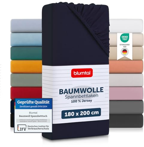 Blumtal Bomullslakan 180x200 cm - 100% Bomull, Buntlakan Jersey, upp till 25 cm madrasshöjd, Dark Ocean Blue - Blå