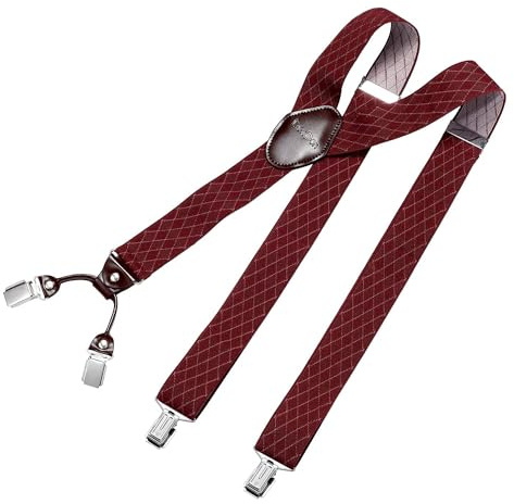 DonDon Bretelle da uomo eleganti extra forti 3,5 cm con 4 clip e toppa in pelle marrone - Rombo rosso