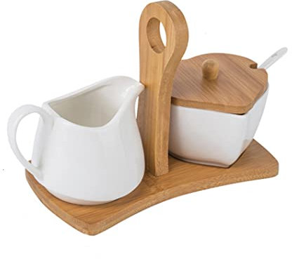 MEETOZ Ceramic Sugar and Creamer Set, 3 Piece Set, Set with Lid Spoon Base，Coffee Serving Set Wedding Gift, White