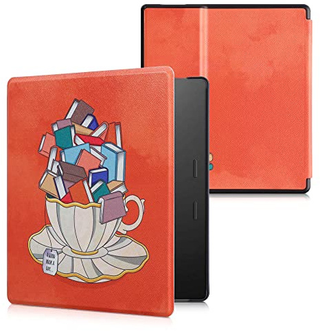 kwmobile Klapphülle kompatibel mit Amazon Kindle Oasis 10. Generation Hülle - eReader Case - Tasse mit Büchern Beige Blau Koralle