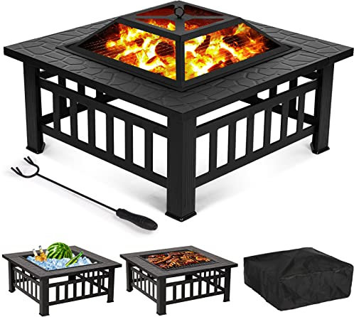 Foyer d'extérieur carré 3 en 1 avec grille de barbecue, brasero de grande capacité pour jardin, terrasse, chauffage extérieur, brasero en métal avec couvercle et tisonnier, Q