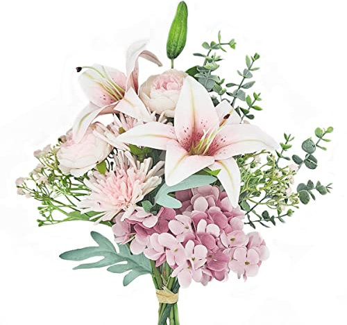 Peauley Künstliche Blumen Seidenstrauß-Arrangement mit Lilien, Hahnenfuß, Hortensien, Chrysanthemen und Schleierkraut (Rosa)