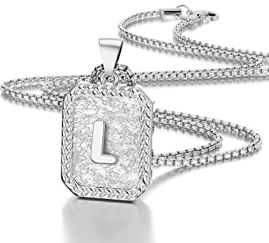 Airrty Initial Letter Pendant Necklace for Men Women Sterling Silver Plated Box Chain Necklace 20 Inches Initial Necklaces for Men (L)