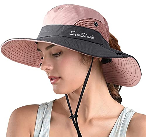 ZOORON 1 Pack Women's Ponytail Safari Sun Hat,Wide Brim UV Protection Outdoor Bucket Hat,Foldable Beach Summer Fishing Hat