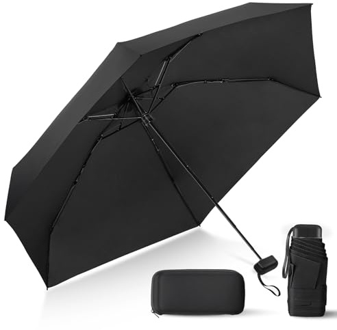 LEAGERA Compact Travel Umbrella with Case - Mini Umbrella for Purse, Small Lightweight &Tiny Design Perfect for Parasol Outdoor Sun&Rain Umbrellas, Black color