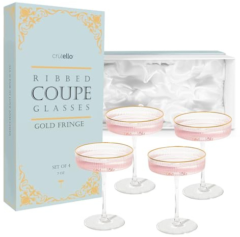 Crutello Champagner-Coupé-Gläser, 400 ml, Goldrand, gerippt, geriffelt | Glaswaren, für Champagner, Martini oder Cosmopolitan, Vintage-Cocktailglas-Design, für Spritz & Frozen Drinks