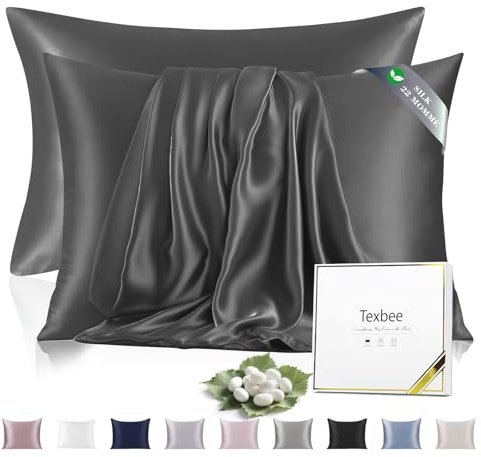 Texbee Seidenkissenbezug 40x80cm für Haar und Haut Beide Seiten Natürliche Kissenbezug Seide mit verstecktem Reißverschluss Weiche Atmungsaktive Glatte 2 Stück-Weltraum Grau
