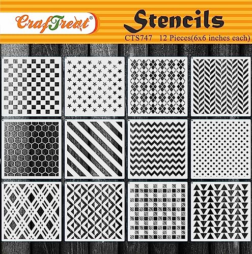 CrafTreat Reusable Geometric Set Stencils 6x6 inch (12 pcs) for Painting on Wood, Canvas, Paper, Fabric, Floor, Wall, Tile, DIY Art and Craft