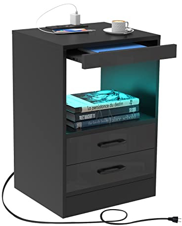 Lvhecforhm Nachttisch Schwarz, Nachttisch mit Steckdosen, Nachttische mit 2 Schublade und Offenen Fächern, 40x35x60cm Nachttische Hochglanz Front für Schlafzimmer, Wohnzimmer