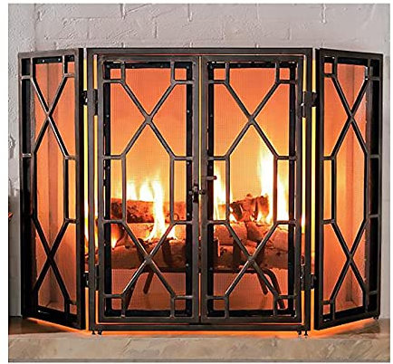 Rustikaler 3-teiliger Kaminschutz mit Türen, Herdfeuer-Funkenschutz, Kamin-Netzvorhang, 33 Zoll hoch (Retro-Farbe) Decoration