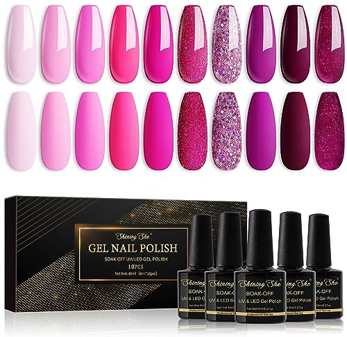 Shining She Nagellack set,10 Farben Lila Dunkellila Purpurrot Rosa Hellrosa Fuchsia Glitzer UV Nagellack Soak-Off UV Gel nagellack Set für Anfänger DIY Nailart,8ml
