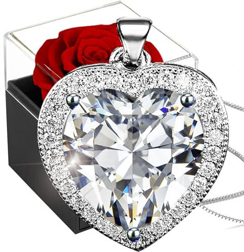 SWEETIME Rosa Stabilizzata Vera Rossa con Collana Argento 925,Rosa Etern Box con Collana Donna Cuore,Scatola Regalo con Rose,Pendente Cuore Regalo per Natale,Mamma,San Valentino,Anniversario