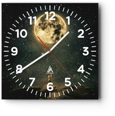 Modern Wanduhr Mond Sterne Vorstellung 30x30cm Quadrat Klein Wand Uhr Glas Analog Zimmeruhren Küche Büro Wohnzimmer Glasuhr Wall Clock Dekoration Design Wanddekoration Küchenuhr C4AC30x30-5249