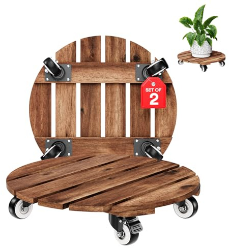 IDZO 2pack Wood Plant Caddy With Wheels Heavy Duty Red Brown, 264 Lbs Capacity, 12 Inch Acacia Hardwood Plant Roller, Plant Stand with 360° Lockable Wheels, Plant Caster for Heavy Objects Hauling