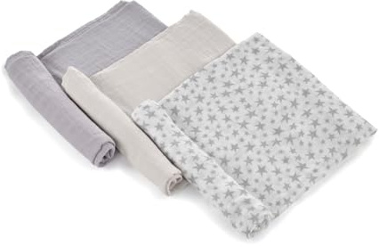 Jané 3er Set Baby Mulltücher 80x80 cm, Baumwolle & Bambus, Atmungsaktiv, Multifunktional, Antiallergisch, Grau