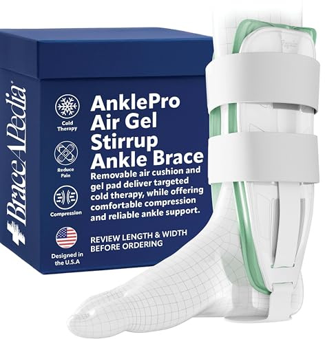 Braceapedia AnklePro Air Gel Stirrup Ankle Brace, Hard Core Side Stabilizer With Removable Cold Therapy Air Cushion & Gel Pad for Ankles, Ankle Brace for Women and Men, Ankle Support, Regular, White