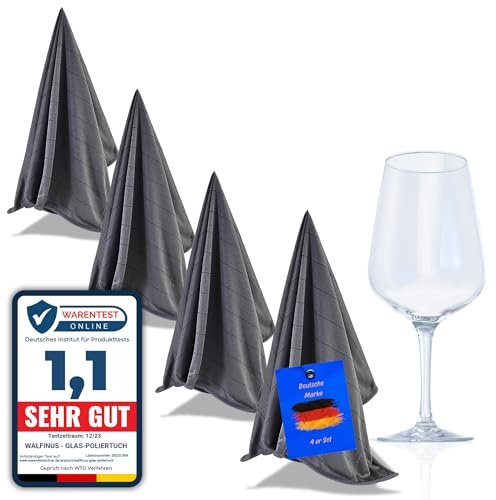 Premium Gläserpoliertücher Mikrofaser 4er Set fusselfrei streifenfrei | Kratzfreie Poliertücher für Gläser, Spiegel und Hochglanzoberflächen 50x60 cm, grau, waschbar und langlebig.