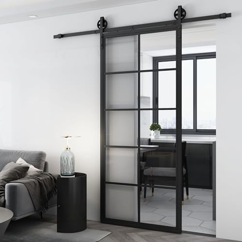 SEART Schiebetür auf Schienen, Glas in Metallrahmen, Loft TIVOLI mit pulverbeschichteter Führungsschiene KOŁO FREIM (gehärtetes transparentes Glas) 100x210 cm - fertiges Montageset