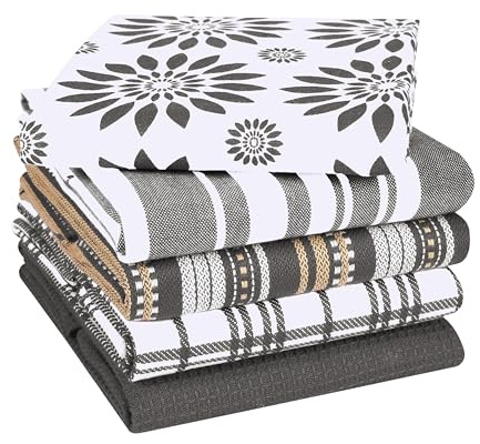 CottonCove Assorted Kitchen Towels Large 40x66 cm 100% Cotton Set of 5 - Soft Absorbent Washable Tea Towels for Kitchen - Dish Cloths with Hanging Loop - Quick Drying Dish Towel Grey