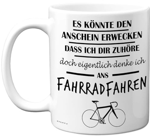 Stuff4 Fahrradgeschenke für Männer und Frauen, 325 ml Premium-Keramiktasse | Eigentlich Denke Ich Ans Fahrradfahren, Lustige Geschenke für Radfahrer, Biker, Mountainbike