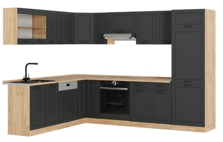 Vicco Eckküche R-Line, Anthrazit Landhaus/Goldkraft Eiche, 287 x 227 cm | 12 Module · Höhenverstellbare Füße · AP Eiche inkl. · MDF-Fronten · Mit Kühlschrankumbauschrank · Frei kombinierbar