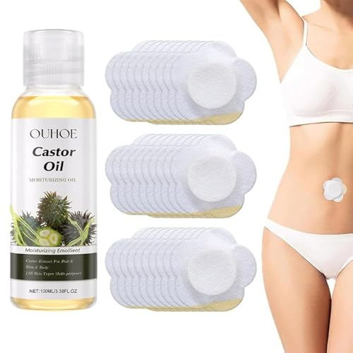30 Stück Castor Oil Patches,Selbstklebend 7×7cm Bauchnabel Pflaster Einmalig Castor Oil Wrap Auf Den Bauchnabel und Andere Körperteile mit ätherischem Rizinusöl