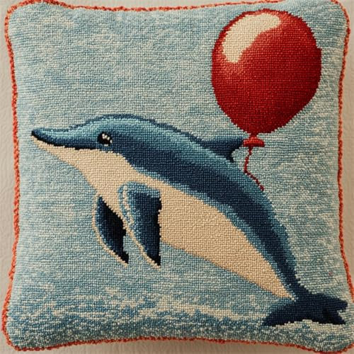 RKFLGEW DIY Knüpfkissen Cartoon-Delfin-Tier Knüpfhaken-Kissen-Set，Diy-Kissenbezug Zum Basteln，Bedruckte Leinwand Für Anfänger，Stickerei，Bastelkissen 43x43cm