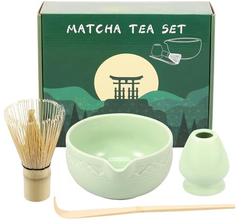 Fyeme Juego de 4 escobas matcha de 560 ml con espumador, cucharilla, cuenco para té, juego de té matcha, regalo para los amantes del matcha (verde claro)