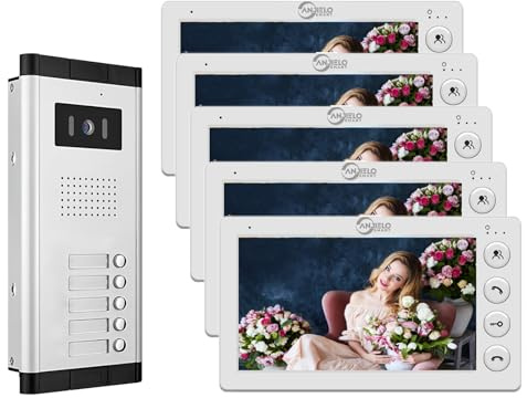 Wired Video Apartment Intercom System,2/3/4/5/6/8/10/12 Units 7 inch Monitor Video Door Phone Kit,Indoor Outdoor Video Doorbell, 2 Way Audio,One Key Unlock for Home (1 Doorbell + 5 Monitor)