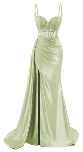 Robes de demoiselle d'honneur en satin pour femmes pour mariage avec fente, robes de bal sirène, robes de cocktail grande taille, vert sauge, 38