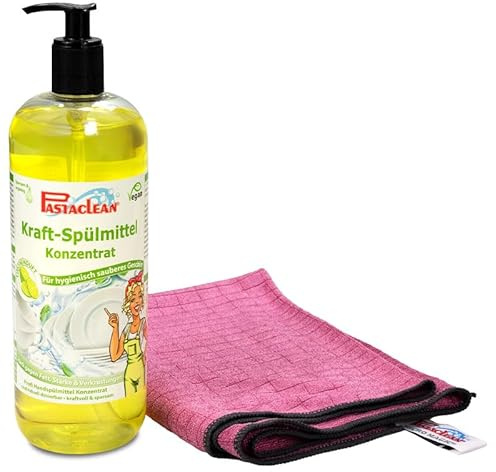 PASTACLEAN Kraft-Spülmittel 1 Liter + 1 Maxi Geschirrtuch 50 x70cm, Hand-Spülmittel mit hoher Fettlösekraft, Profi Spülmittel, Schnelltrocken-Formel, kraftvoller Fettlöser, Geschirrspülmittel flüssig