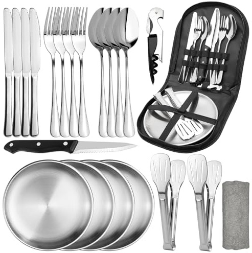 NCTNCX Couverts Camping 4 Personnes, 22 pièces Vaisselle Camping Ensemble, Couverts de Camping avec cuillère, Fourchette, Couteau, Clip pour Assiette, Chiffons de Nettoyage pour Pique-Nique, Voyage