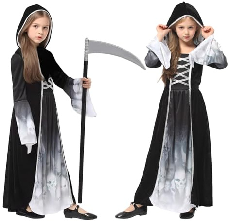 GLEEMEN Halloween Costume Ragazza Mietitrice, Costume Principessa Fantasma con Falce Nero Bambini Mietitore per Halloween Carnevale Cosplay (XL)