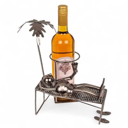 MIJOMA Porte-bouteille de vin de vacances en métal – Support à vin amusant « Monneur du soleil » avec palmier et chaise longue, porte-bouteille pour les fans d'été, fer, 20 x 15 x 15 cm