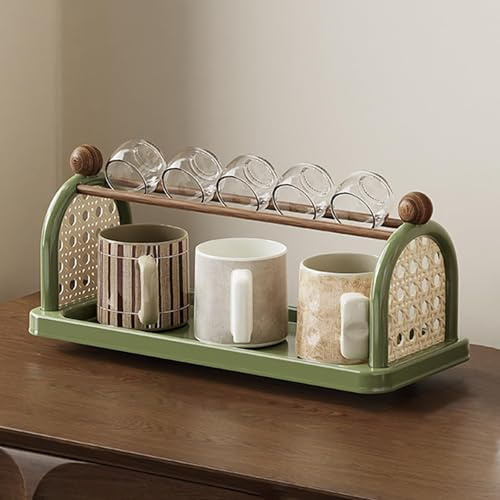 Coffee Mug Holder Shelf, 2-Tier Mug Holder for Kitchen,Cup Storage Rack, Cup Station Organizer,Imitation Rattan Style 3-Tier Cup Desktop rackfor Home and Office (Green, One-Tier)