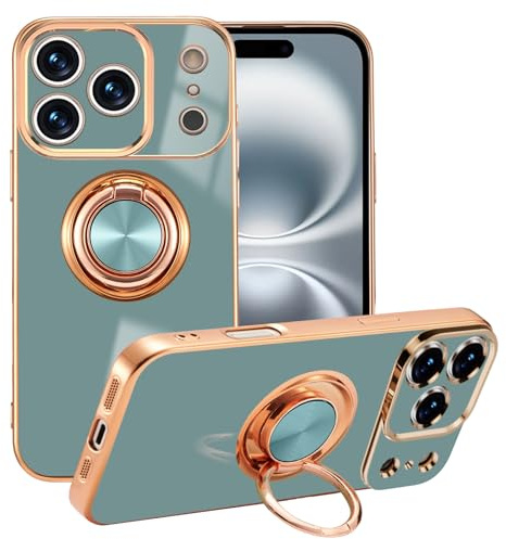 EYZUTAK Electroplated Magnetic Ring Holder Case for iPhone 17 Pro, 360 Degree Rotation Metal Anti-fall Finger Ring Kickstand Magnet Car Holder Slim Soft Silicone Shockproof Cover - Gray