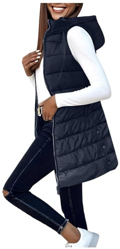 Generisch Steppweste Damen Lang mit Kapuze Weste Winter Herbst Warme Daunenweste Lange Winterjacke Ärmellose Casual Longweste Leichte Übergangsweste mit Reißverschluss S-XXL