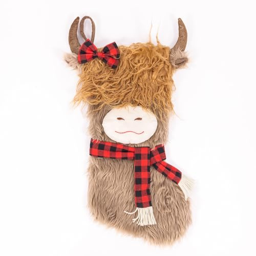 evelay Highland Cow Christmas Stocking | Luxury Plush Festive Decoration with 3D Ears & Horns | Rustic Faux Fur & Felt Stocking | 60cm Large Xmas Fireplace Hanging