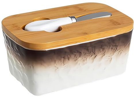 Mantequillera de porcelana con tapa de bambú, rectangular, con colores degradados, apta Compatible with lavavajillas, ideal Compatible with postres. Bandeja de postres(Bruin)