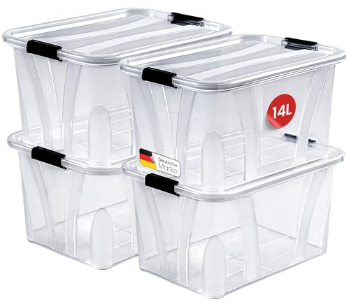 KONZEPT Plastikbox mit Deckel Set 4 Stk. 14L Transparent, Schuhboxen Stapelbar für Haushalt, Büro, Kleiderschrank, Abschließbare Box BPA-frei