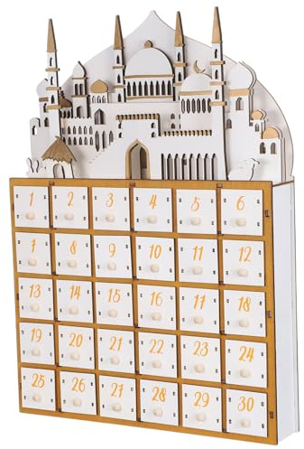 BAZEITFLOW Calendrier de L'Avent du Ramadan en Bois avec 30 Tiroirs Lumineux LED, Décoration Islamique Traditionnelle pour Bureau et Maison, Calendrier de L'Aïd El-Fitr pour Célébrations
