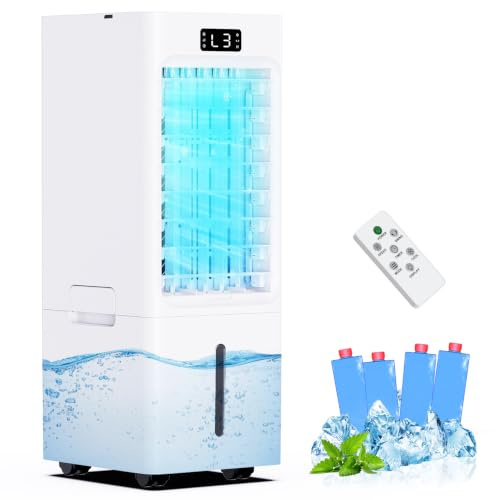 Climatiseur Mobile 4 en 1, Rafraîchisseur d'Air avec Réservoir 6L, 1-12H Minuterie, 3 Vitesses 3 Modes, 4 Pack Glacons,Télécommande, Portable, Silencieux, pour Maison Bureau
