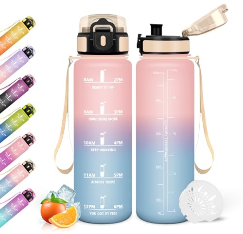 Mulbijeo Gourde Sport, 500ml Étanche & Réutilisable, Gourde Filtrante, Motivation avec Filtre, Bouteille Plastique, pour Gym, École, Bureau, Yoga, Bouteille d'eau, Gourde graduée